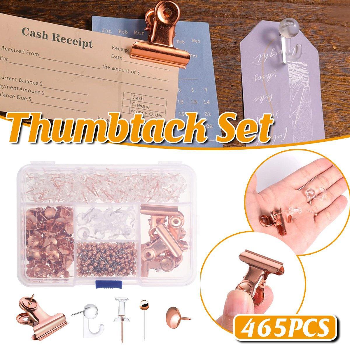 465PCS Rose Gold Thumbtacks Binder Clips Push Pins Set Office Supplies With Box