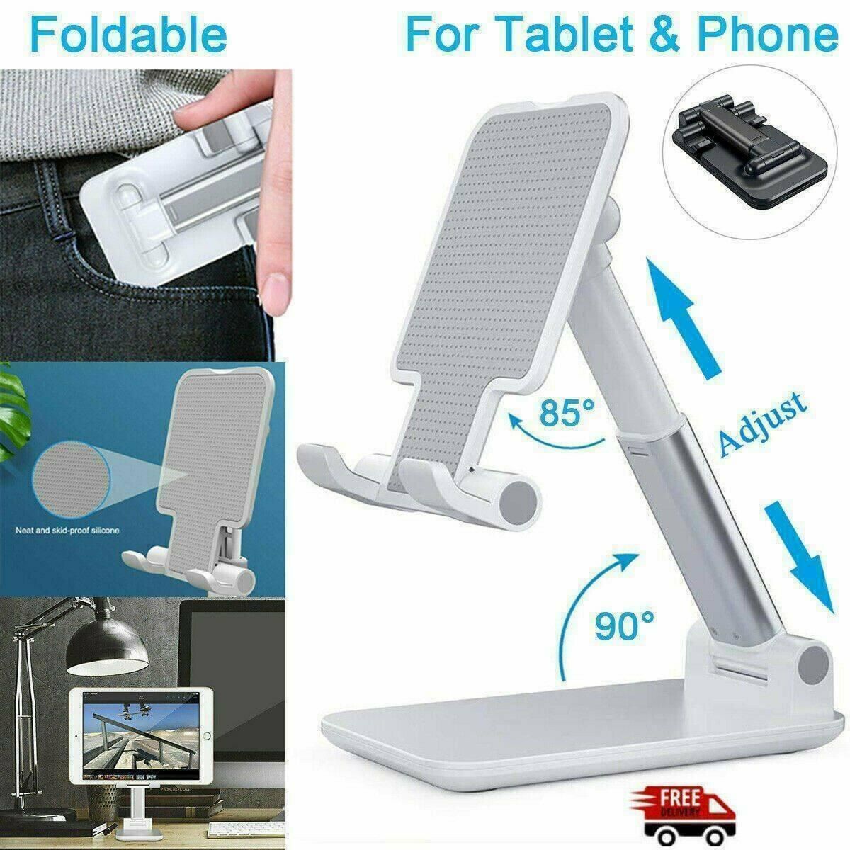 Foldable Adjustable Universal Desk Stand Holder For Mobile Phone Tablet Portable - White