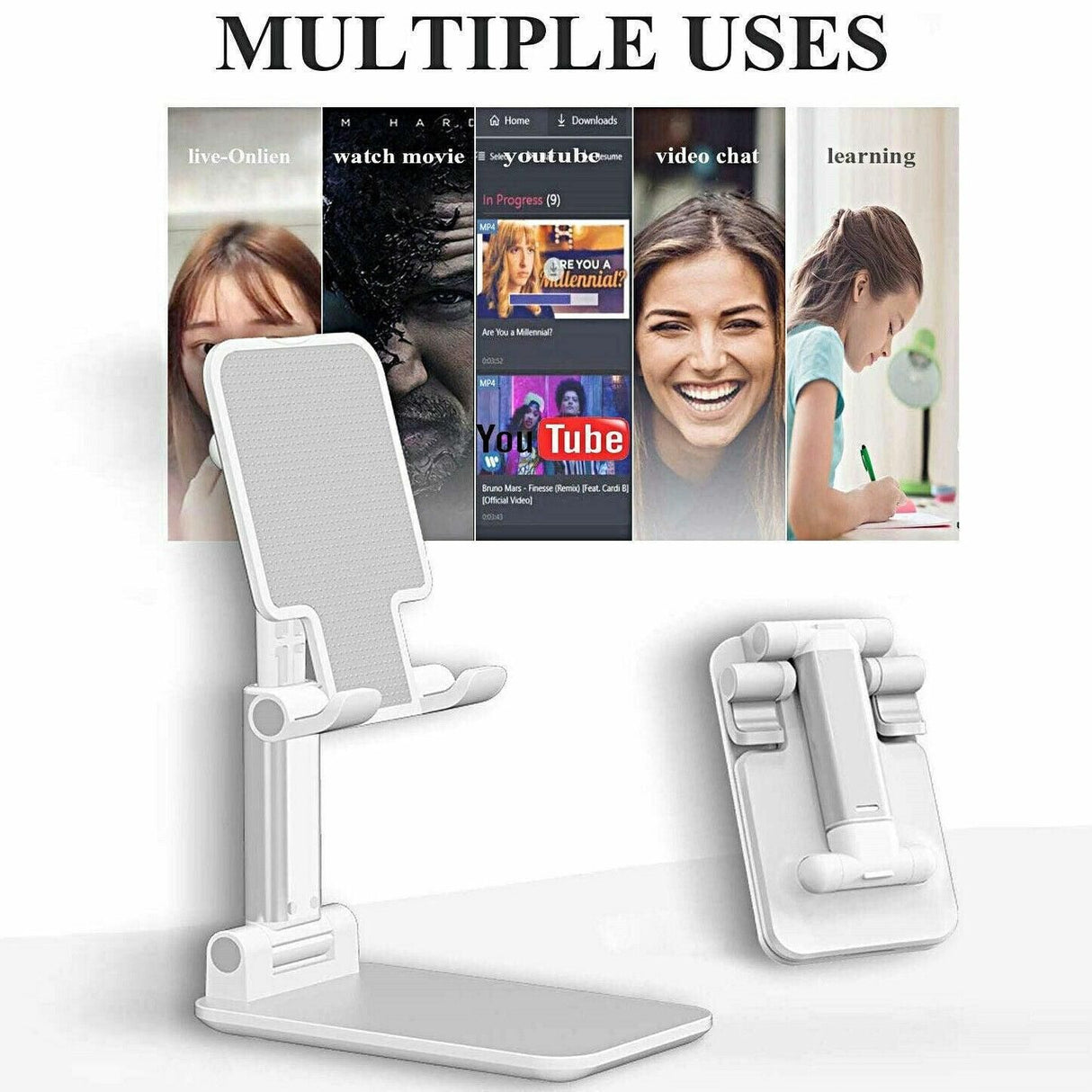 Foldable Adjustable Universal Desk Stand Holder For Mobile Phone Tablet Portable - White