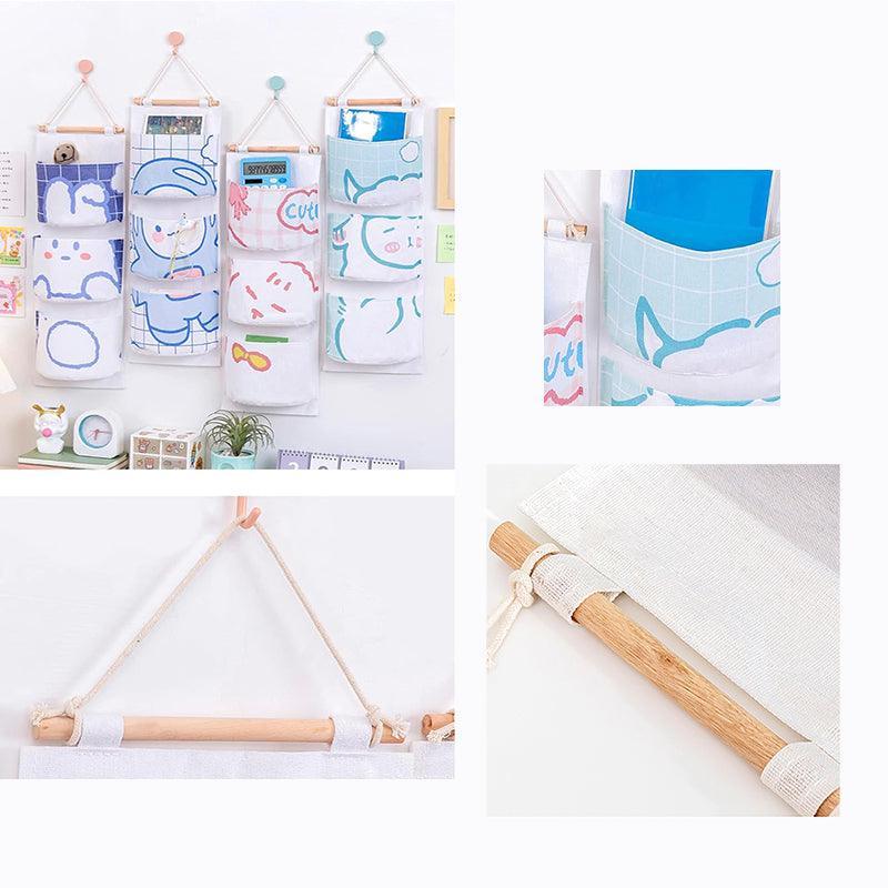 3 Pocket Hanging Storage Bag with Wooden Rod for Wall or Door Organisation - Bear