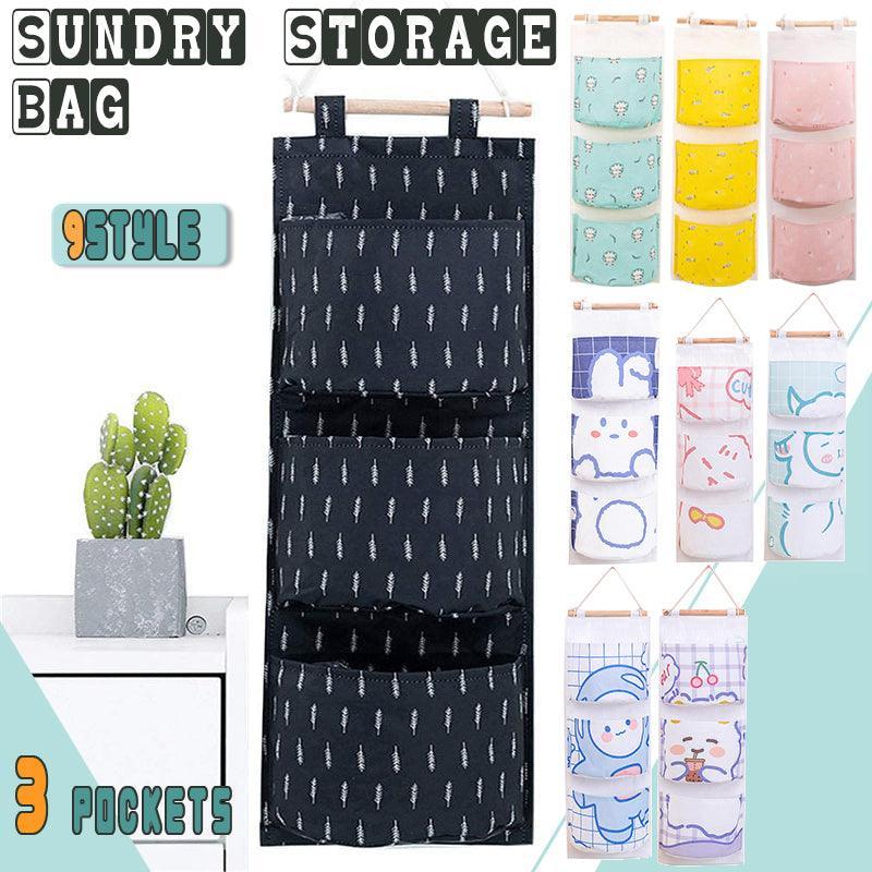 3 Pocket Hanging Storage Bag with Wooden Rod for Wall or Door Organisation - Rabbit