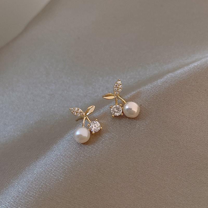 Fashion Pearl Wedding Earrings Zircon Cherry Stud Pearl Earrings for Women - Pearlet