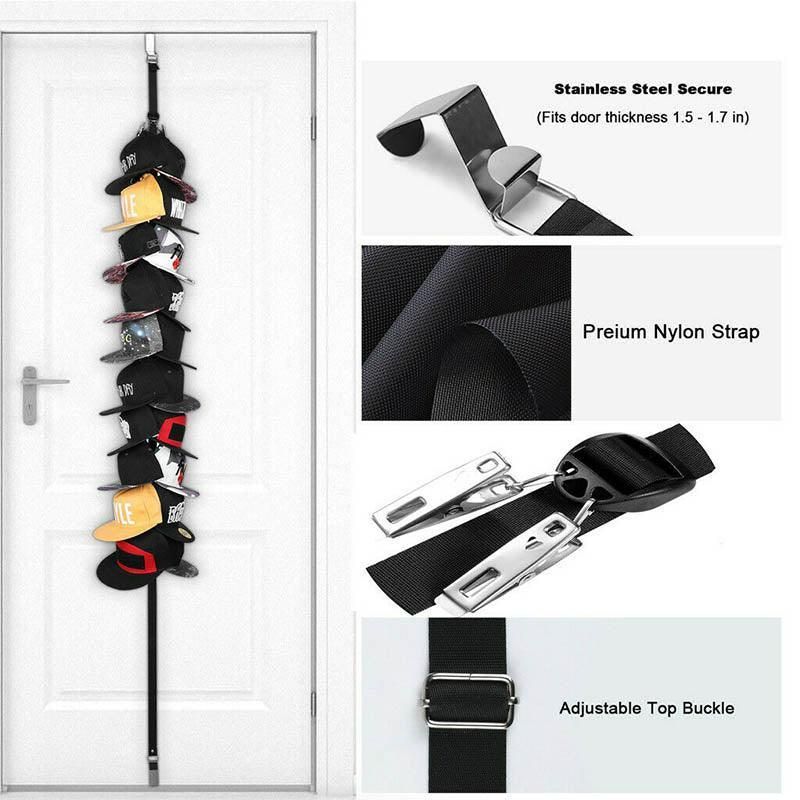 Over Door Hat Rack Baseball Cap Holder Storage Strap with Clips Closet Organizer - 20 Cips