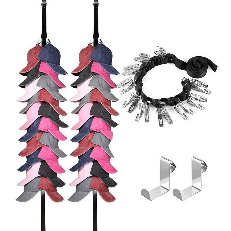Over Door Hat Rack Baseball Cap Holder Storage Strap with Clips Closet Organizer - 20 Cips