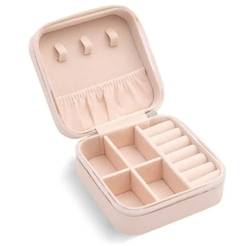 Travel Jewelry Organizer Box Portable Leather Storage Ornaments Ring Earrings - Beige (10x10x5cm)