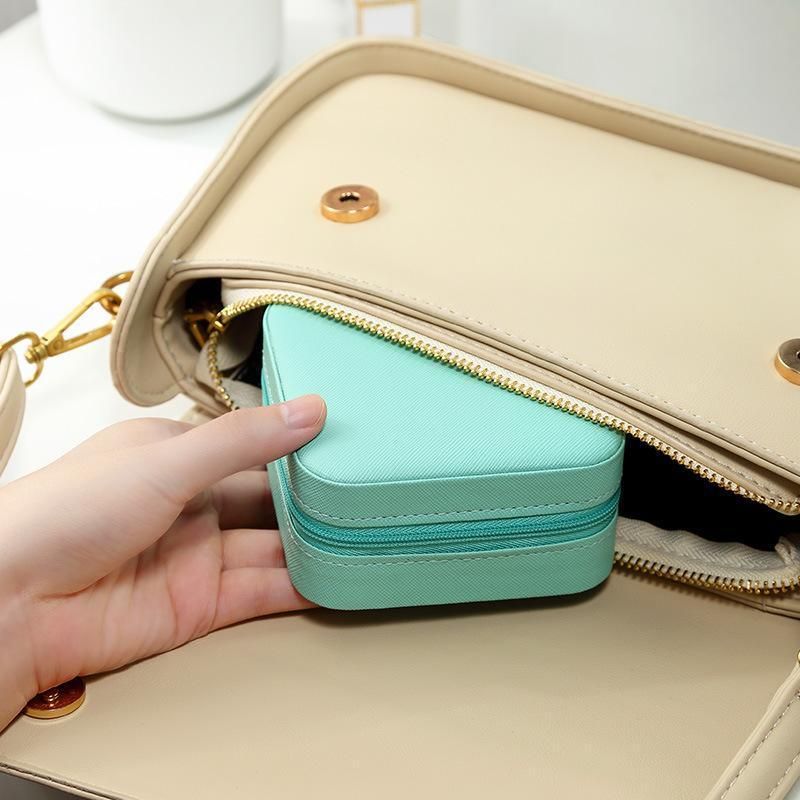 Travel Jewelry Organizer Box Portable Leather Storage Ornaments Ring Earrings - Blue (10x10x5cm)