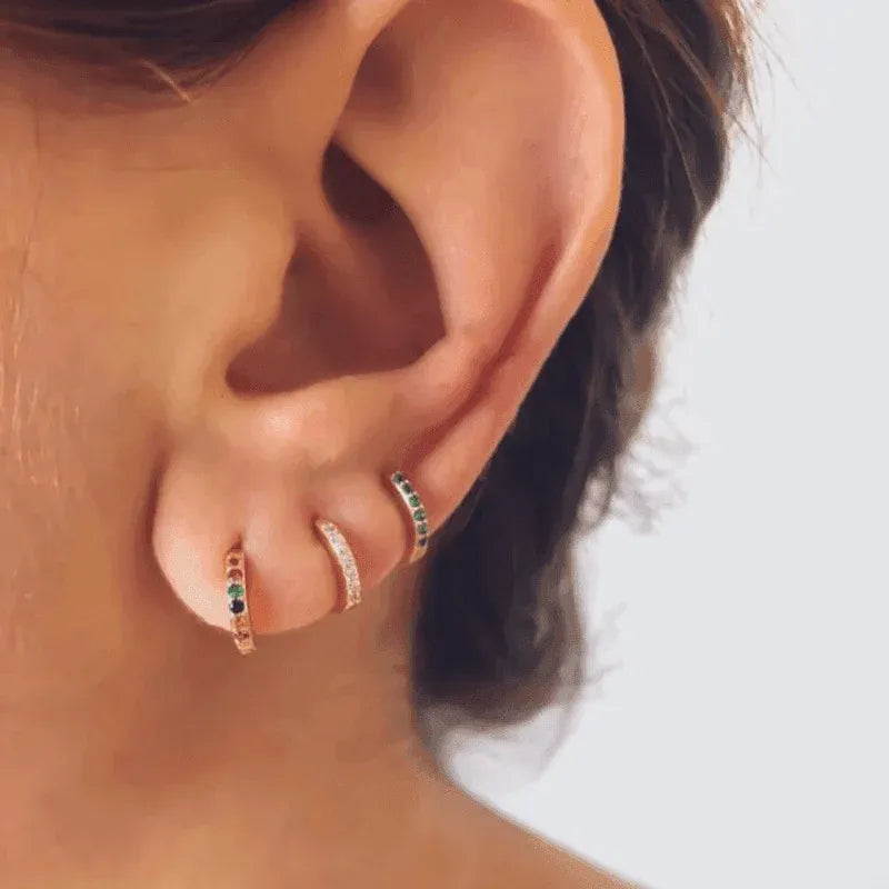 925 Sterling Silver Gold Rings Plated Cubic Crystal Cuff Huggie Hoop Earrings Au - Gold-Red Crystal