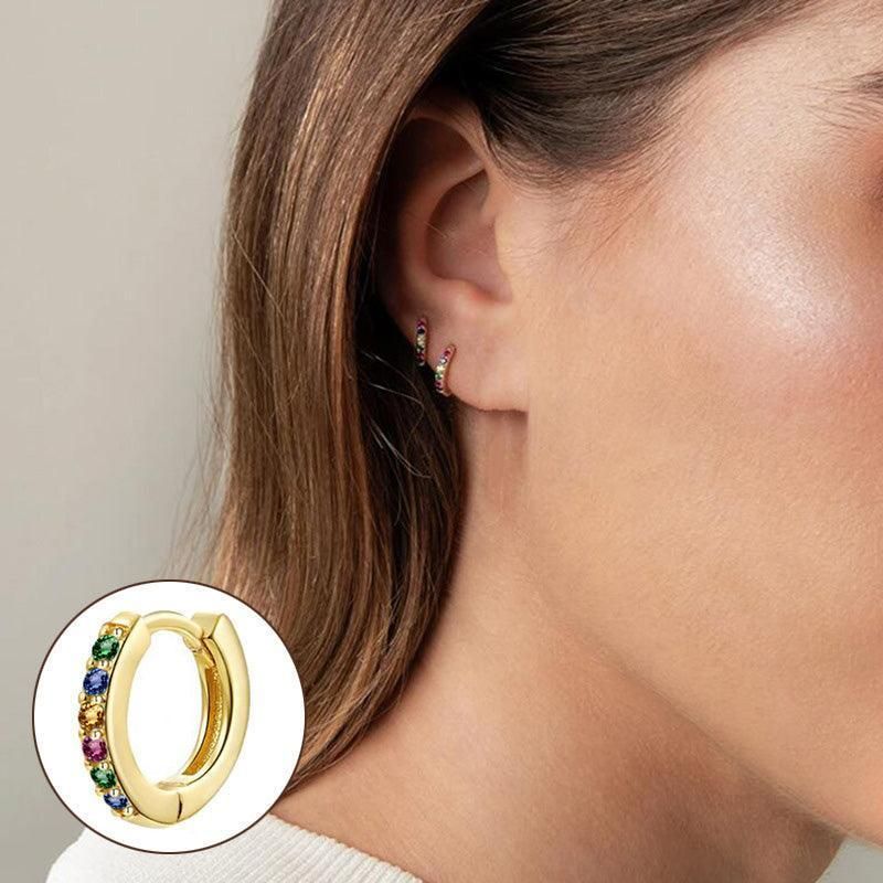 925 Sterling Silver Gold Rings Plated Cubic Crystal Cuff Huggie Hoop Earrings Au - Gold-Red Crystal