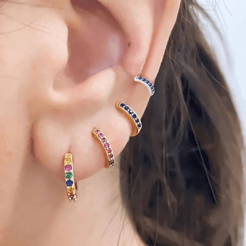925 Sterling Silver Gold Rings Plated Cubic Crystal Cuff Huggie Hoop Earrings Au - Gold-Red Crystal