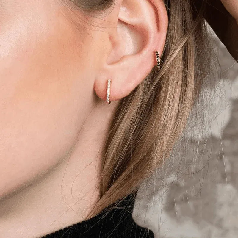 925 Sterling Silver Gold Rings Plated Cubic Crystal Cuff Huggie Hoop Earrings Au - Gold-Red Crystal