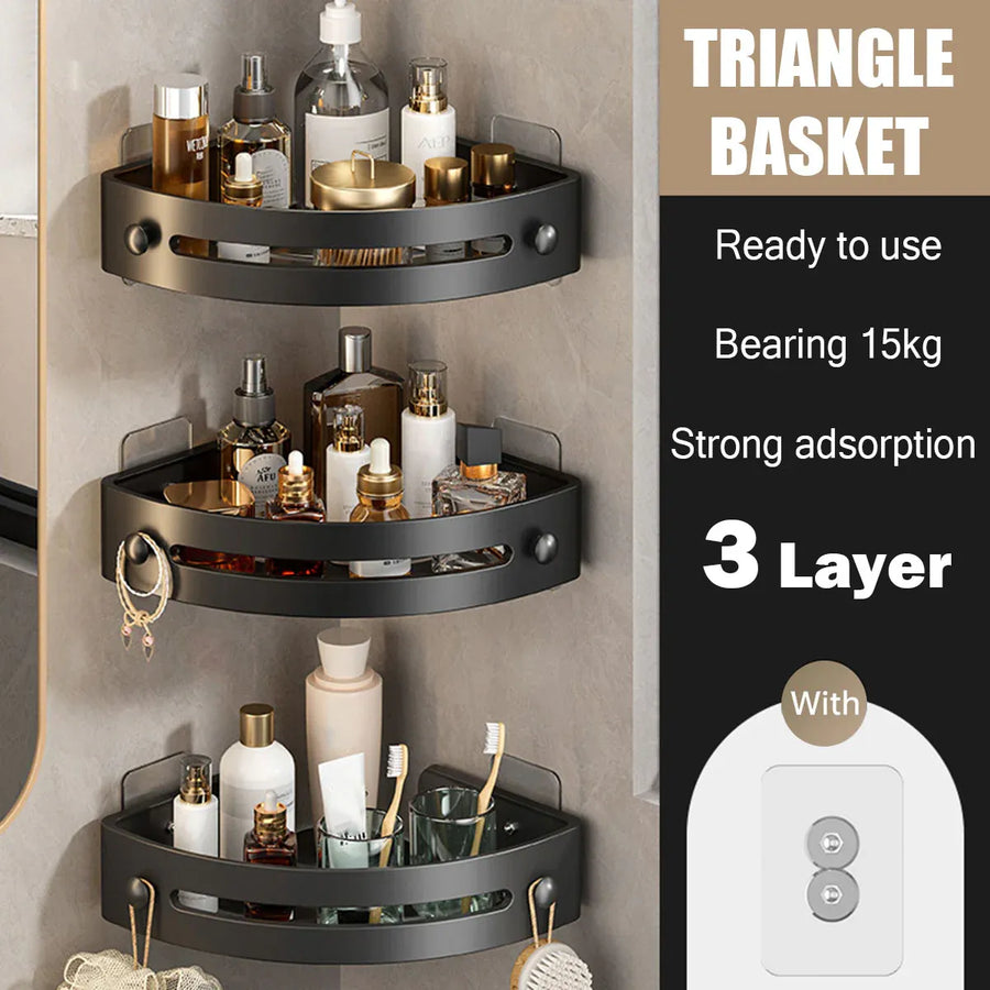 Three-layer Bathroom Triangular Shelf Basic Model Hole-free Storage Towel Rack - Black
