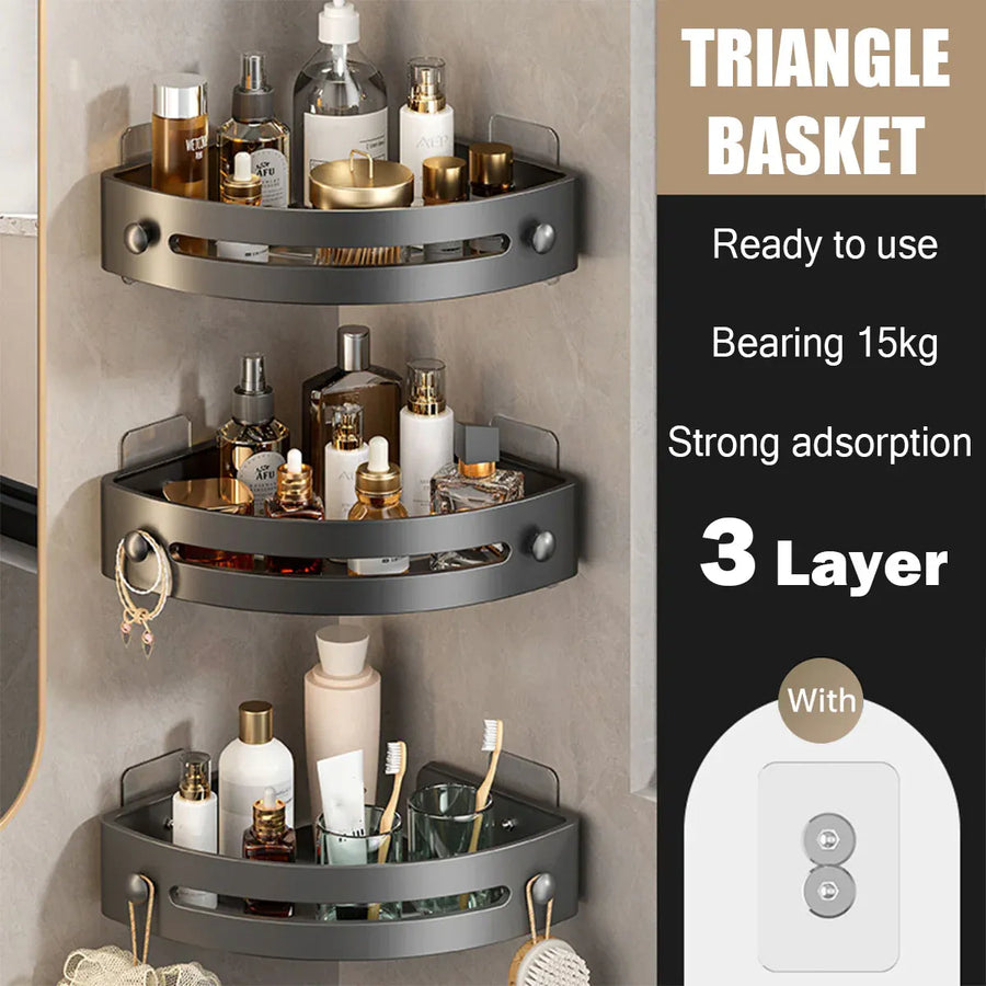 Three-layer Bathroom Triangular Shelf Basic Model Hole-free Storage Towel Rack - Grey