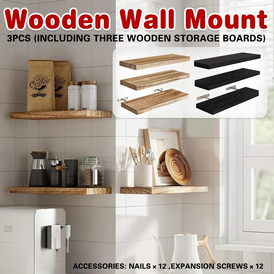 3 PCS Wooden Wall Shelf Single Board Wall Mounted Home Decor Living Room Bedroom - Black