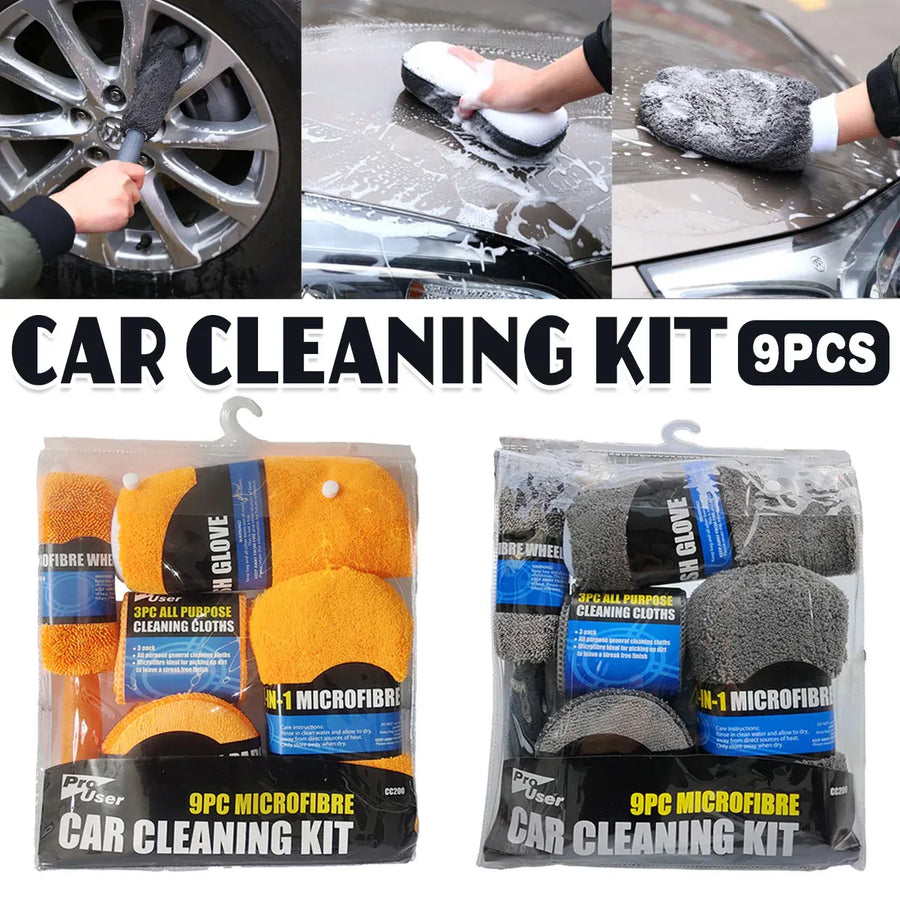 9PCS Car Cleaning Kit Microfiber Towel Wax Sponge Wheel Brush Gloves Set Use - Grey