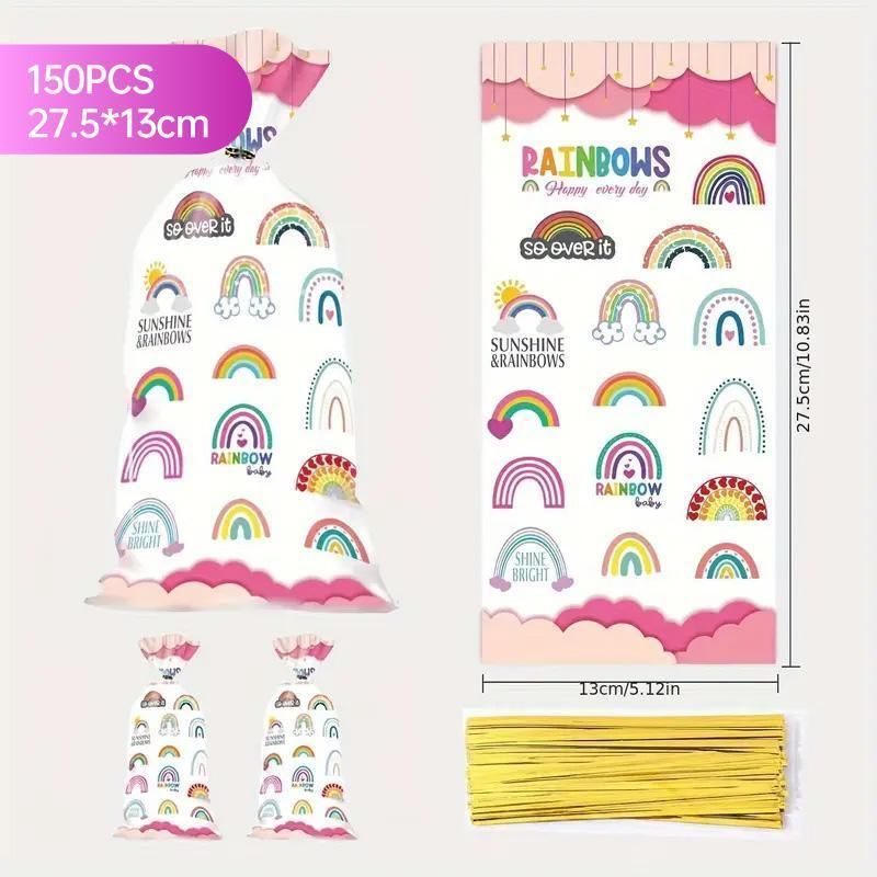 Rainbow Party Candy Bags 150 Pack with Gold Twist Ties 27.5 x 13 cm