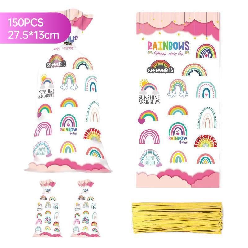 Rainbow Party Candy Bags 150 Pack with Gold Twist Ties 27.5 x 13 cm