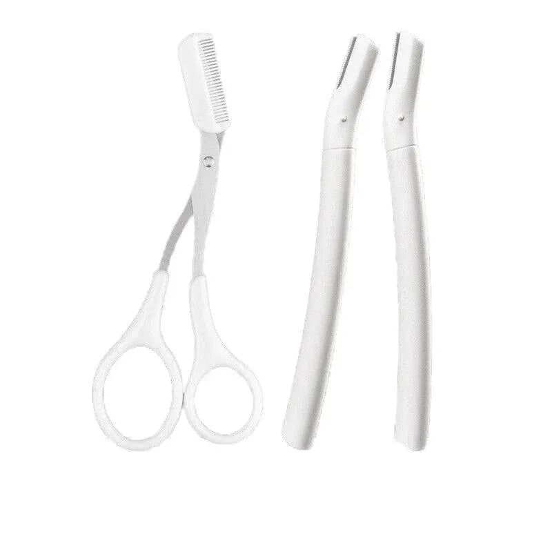 3Pcs Eyebrow Razor Set Facial Trimmer Shaver Blade Hair Remover Beauty Tool - 2X Eyebrow Razor+Scissor-White