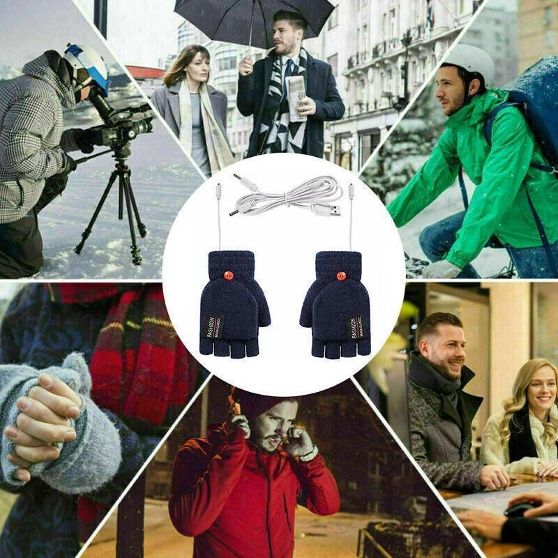 USB Heated Half Finger Gloves Winter Warm Knitted Gloves for Typing and Office Use - Navy