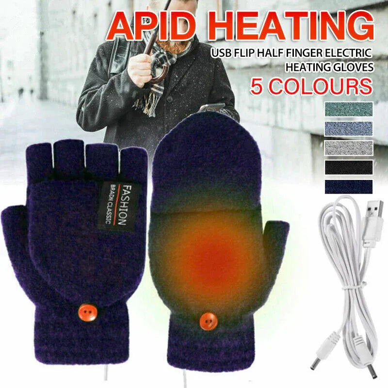 USB Heated Half Finger Gloves Winter Warm Knitted Gloves for Typing and Office Use - Grey