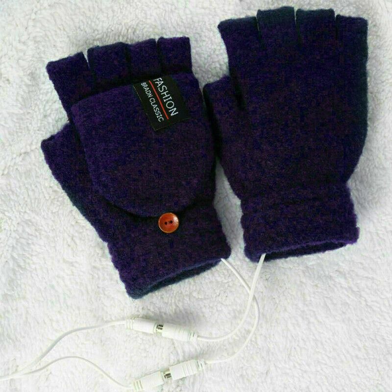 USB Heated Half Finger Gloves Winter Warm Knitted Gloves for Typing and Office Use - Grey
