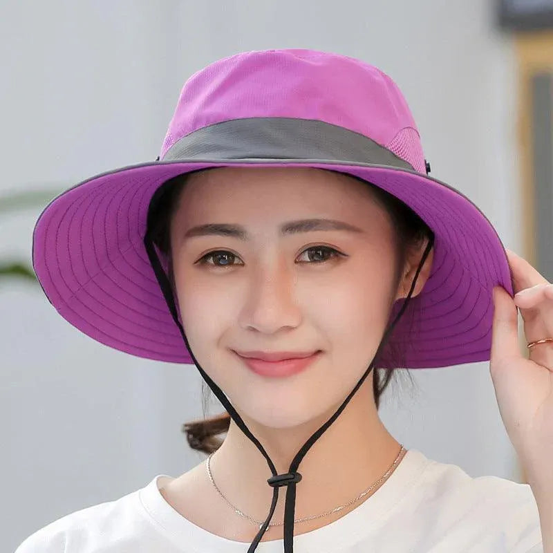 Women Wide Brim Ponytail Hat Sun Protect Visor Summer Beach Cap Anti Uv Floppy - Red