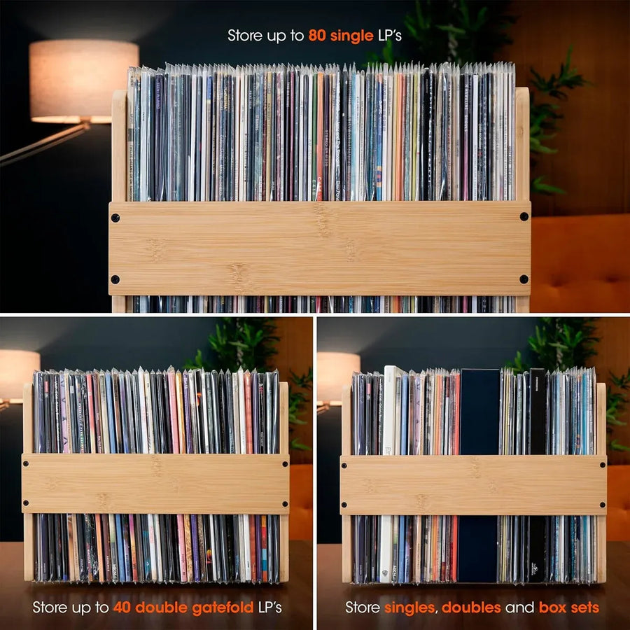 Bamboo Wood Record Stand Large Capacity Space Saving Vinyl Collection Display