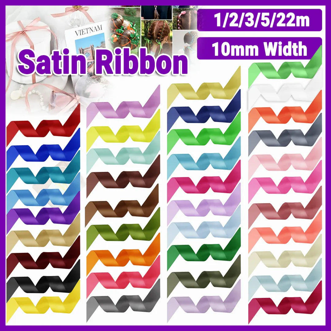 10mm Width Satin Hair Ribbon Wedding Party Decoration Gift Banquet 22m - Rose Red