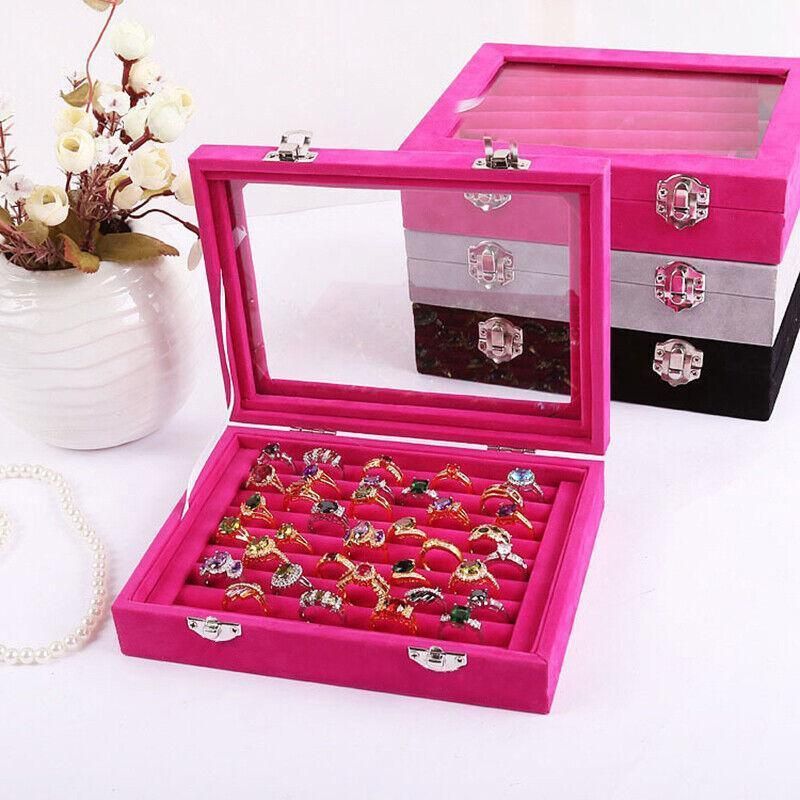 Velvet Ring Earring Jewelry Display Organizer Box Tray Holder Storage Case - Beige