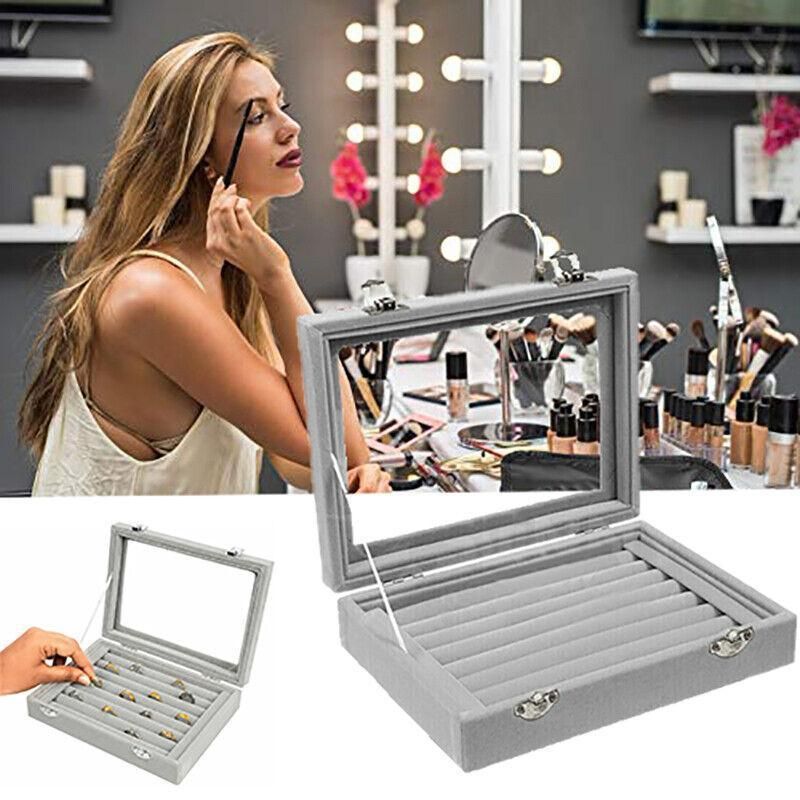 Velvet Ring Earring Jewelry Display Organizer Box Tray Holder Storage Case - Beige