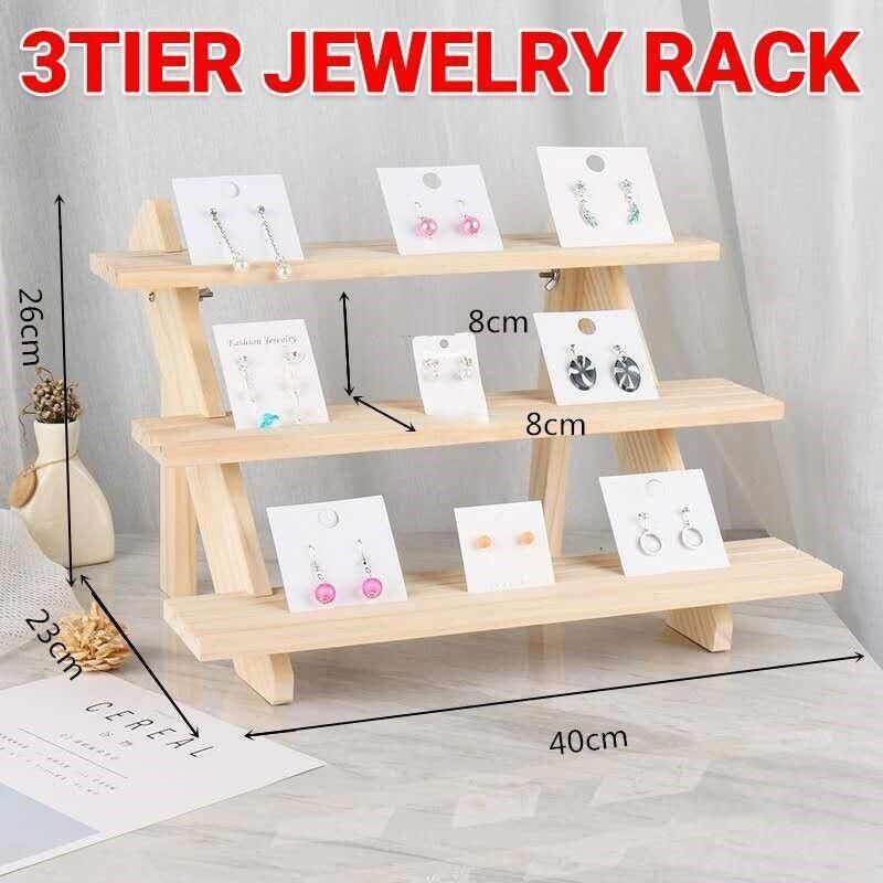 3 Tiers Wooden Earring Display Stand Holder Necklace Ring Counter Display