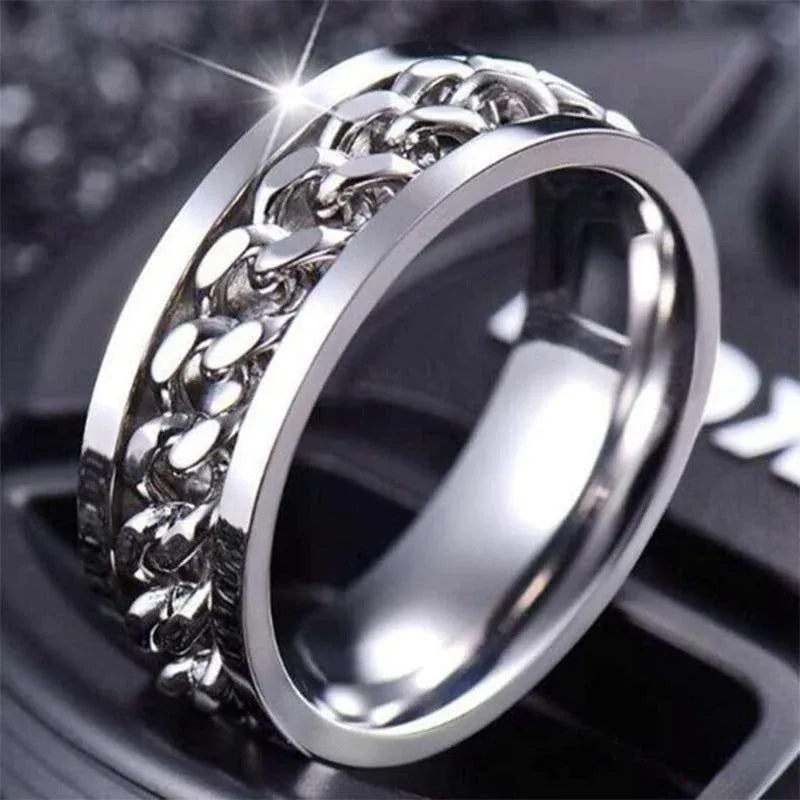 Spinner Rings Mens Womens Fidget Rotating Ring Silver Stainless Steel Size 12 - Black