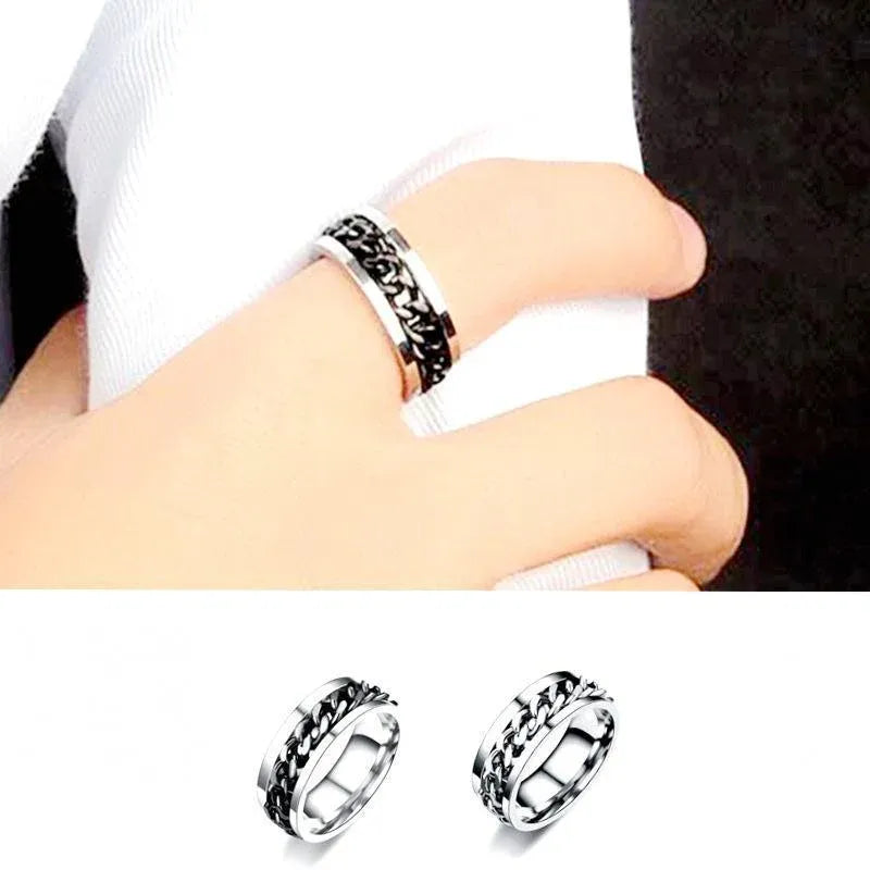 Spinner Rings Mens Womens Fidget Rotating Ring Silver Stainless Steel Size 12 - Black