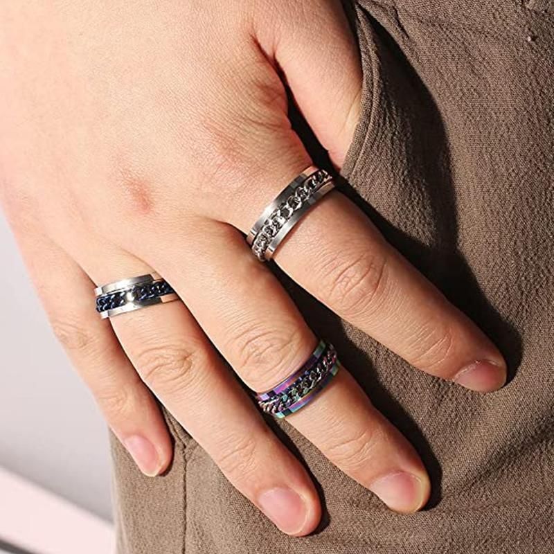 Spinner Rings Mens Womens Fidget Rotating Ring Silver Stainless Steel Size 7 - Black