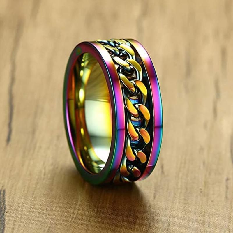 Spinner Rings Mens Womens Fidget Rotating Ring Silver Stainless Steel Size 12 - Rainbow