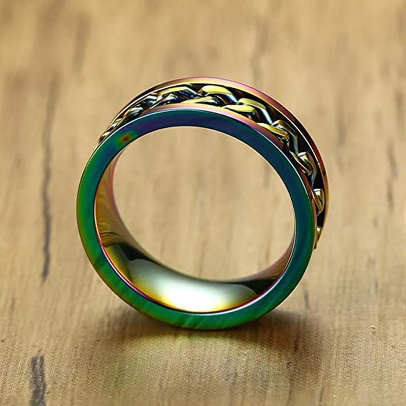 Spinner Rings Mens Womens Fidget Rotating Ring Silver Stainless Steel Size 12 - Rainbow