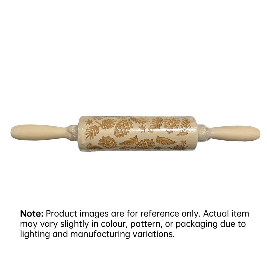 Christmas Wooden Rolling Pin Engraved Pine Cone Leaf Pattern Baking Embossed