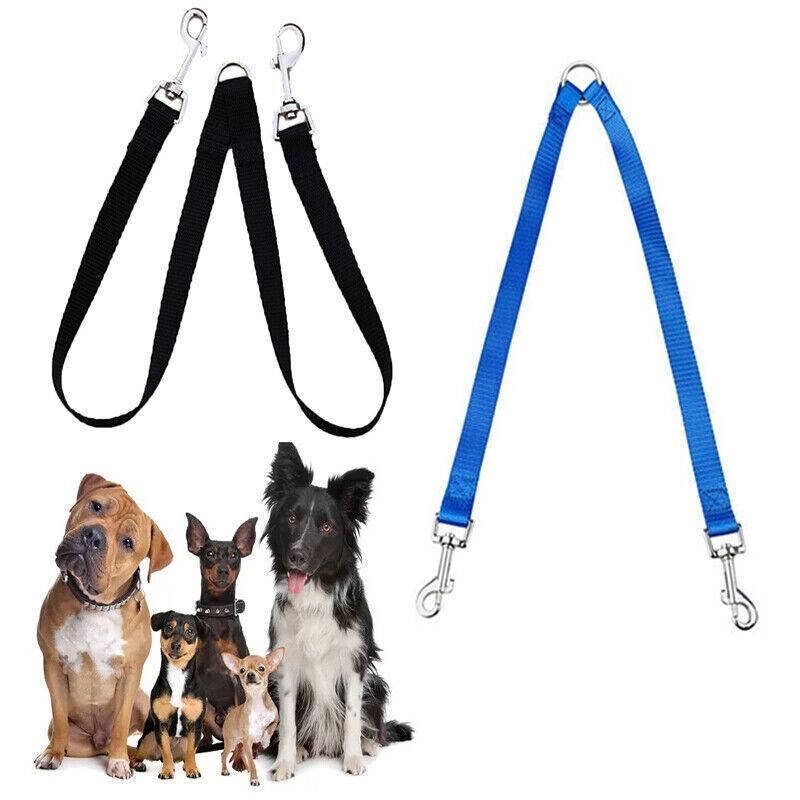 2 Way Double Dual Dog Leash Walk 2 Dogs With One Lead Coupler Nylon Harness - Blue