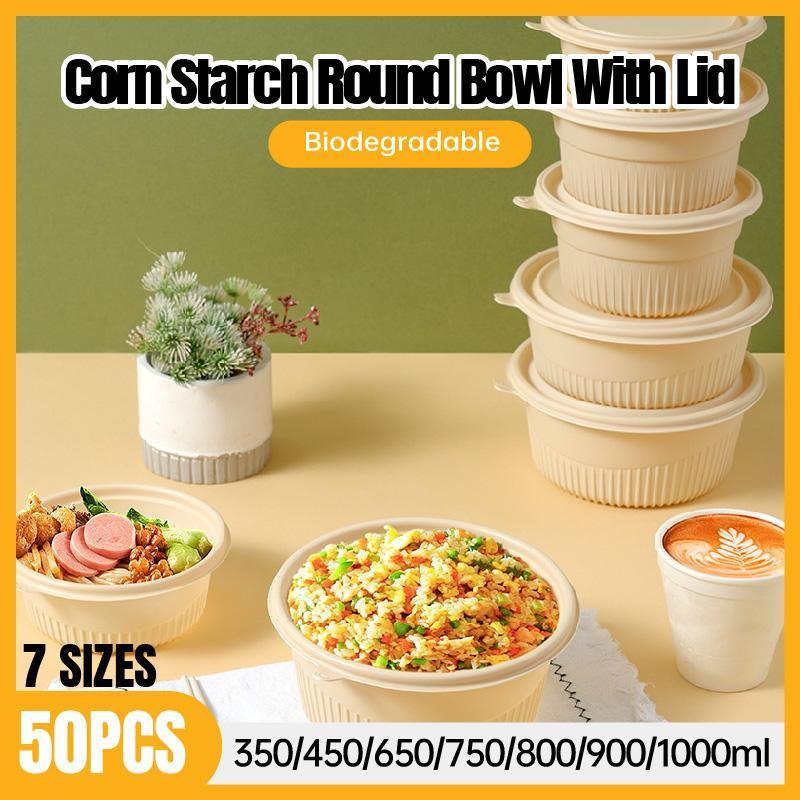 50PCS Biodegradable Corn Starch Lunch Box Round Takeout Containers Eco Friendly - 800ml