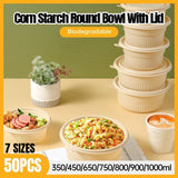 50PCS Biodegradable Corn Starch Lunch Box Round Takeout Containers Eco Friendly - 800ml