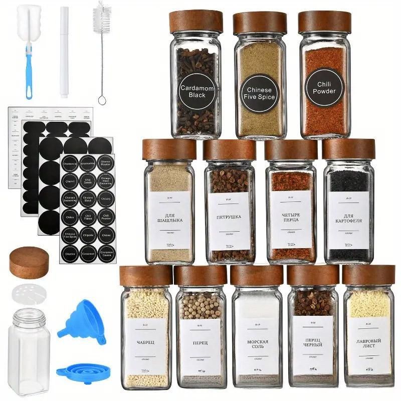 12pcs Square Glass Spice Jars Clear Storage Containers Kitchen Spice Organizing