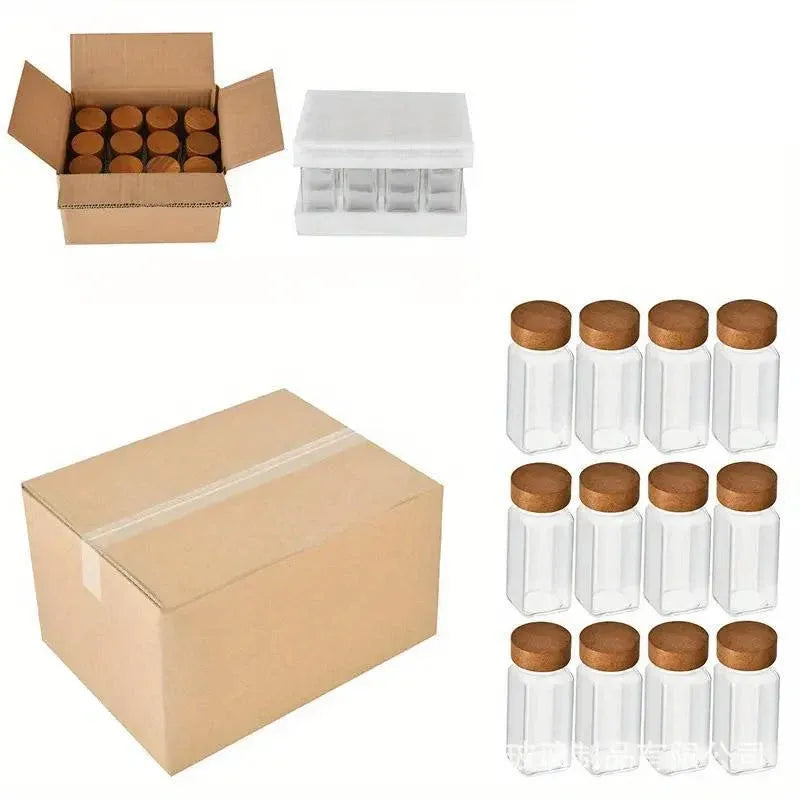 12pcs Square Glass Spice Jars Clear Storage Containers Kitchen Spice Organizing