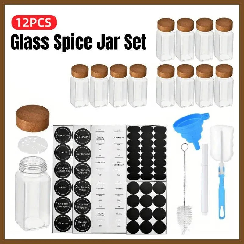 12pcs Square Glass Spice Jars Clear Storage Containers Kitchen Spice Organizing