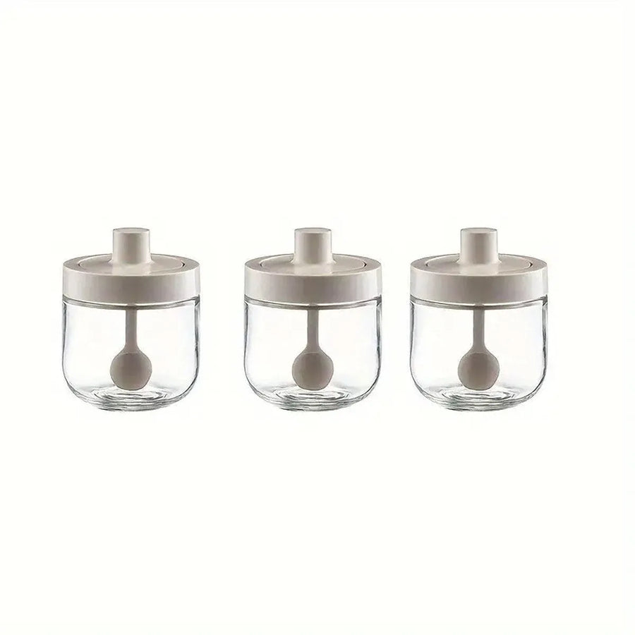 3PCS Glass Seasoning Jar with Spoon Lid Kitchen Salt Spice Storage Box Organizer