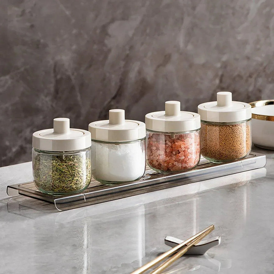 3PCS Glass Seasoning Jar with Spoon Lid Kitchen Salt Spice Storage Box Organizer