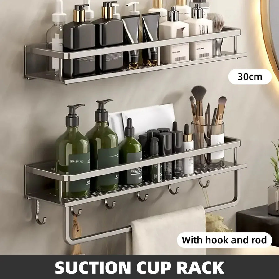 Suction Cup Storage Rack Bathroom Wall Mounted Organizer Shower Toiletry Holder - 30cm-With hook and rod