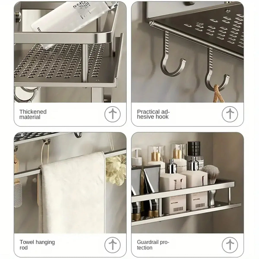 Suction Cup Storage Rack Bathroom Wall Mounted Organizer Shower Toiletry Holder - 30cm-With hook and rod