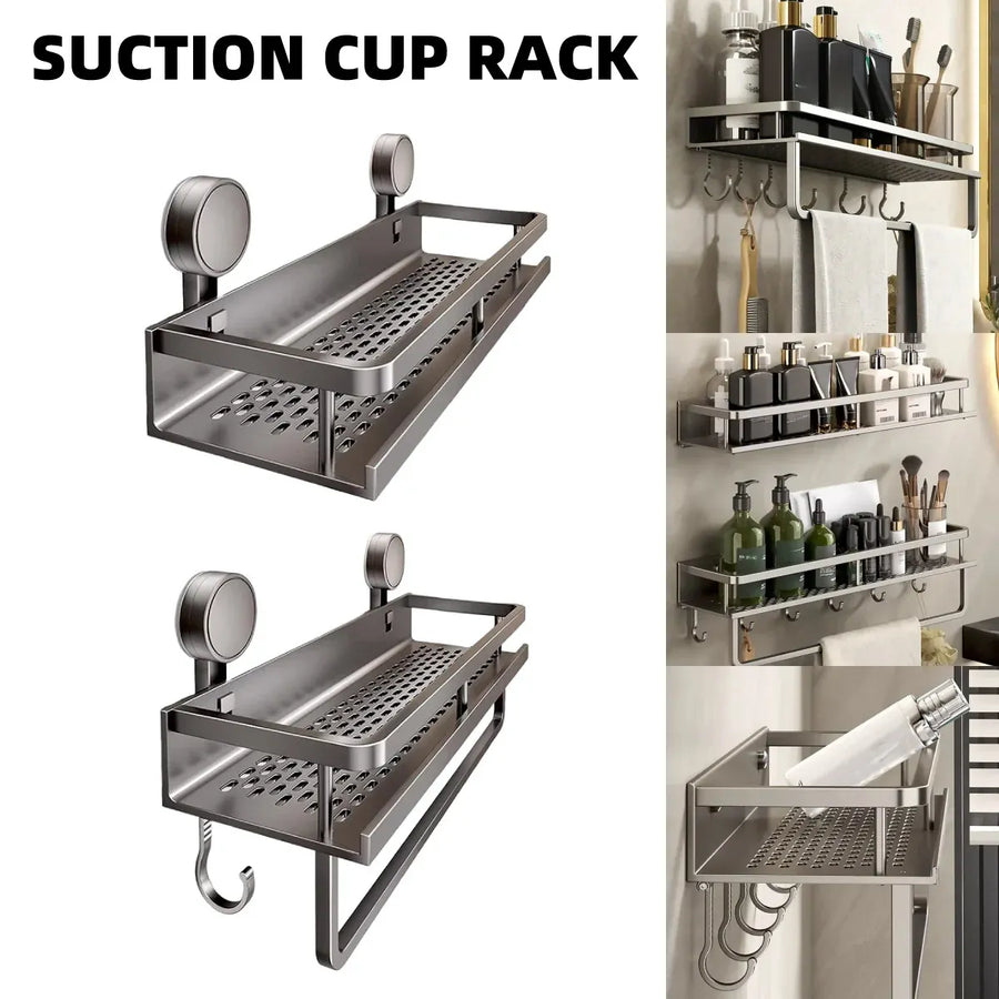 Suction Cup Storage Rack Bathroom Wall Mounted Organizer Shower Toiletry Holder - 30cm-With hook and rod