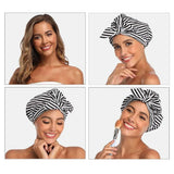 Woman Shower Cap Reusable Long Hair Large Turban Bathroom Waterproof Hair Cap - Black Background - Close-Up Angle