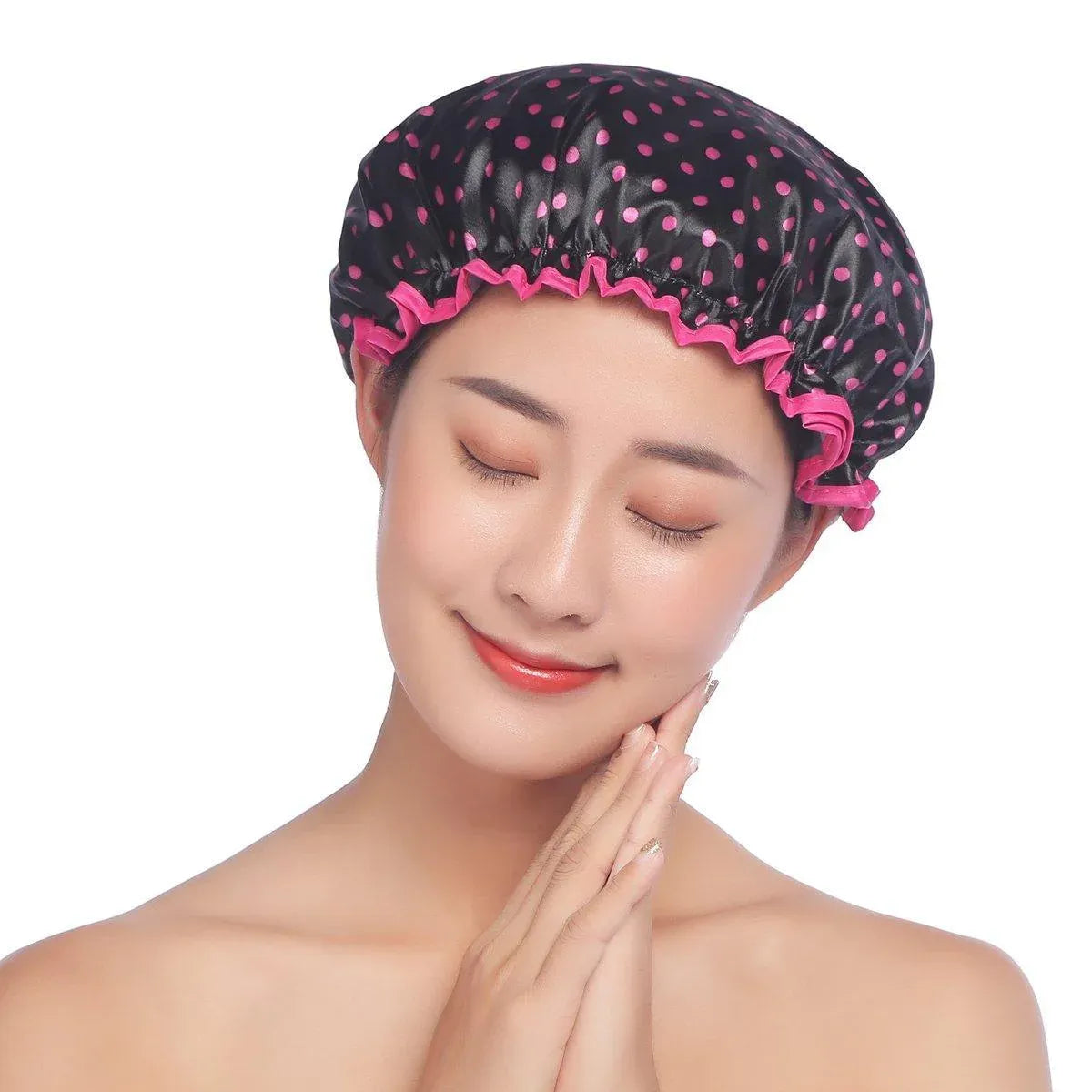 Woman Shower Cap Reusable Long Hair Large Turban Bathroom Waterproof Hair Cap - Black Background