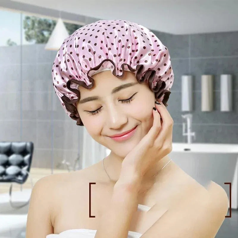 Double Layer Lux Shower Cap Bath Hat Hair Care Women Sleep Waterproof Reusable - White